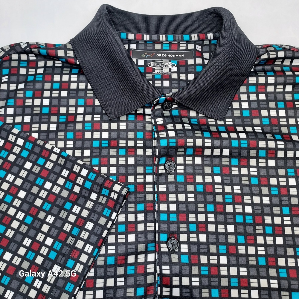 Greg Norman Play Dry Men Golf Polo Shirt Geometric Square Print Black Red Blue M